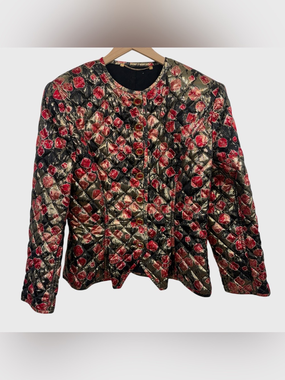 Louis Feraud Red Black Metallic Quilted Jacket with Gemstone Buttons US Size 10